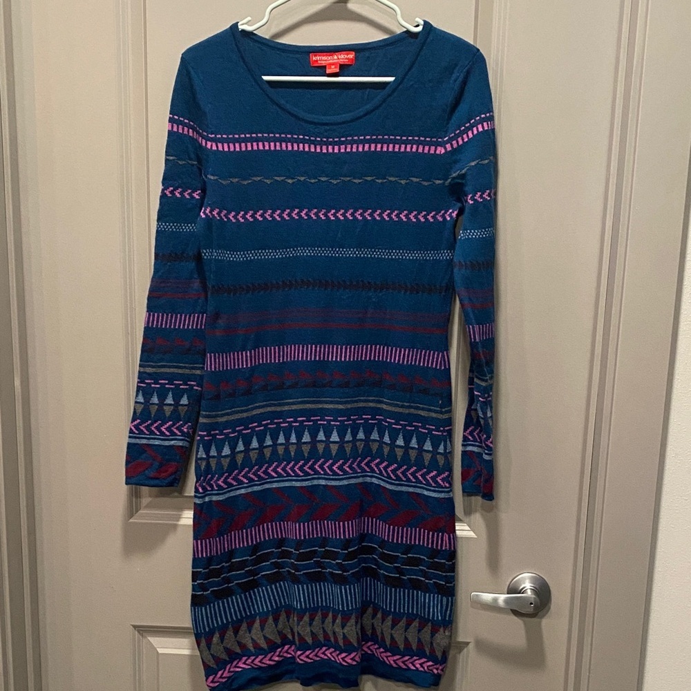 Krimson Klover M Merino Wool Sweater Dress Teal Nordic Fair Isle Ski Lodge Cozy